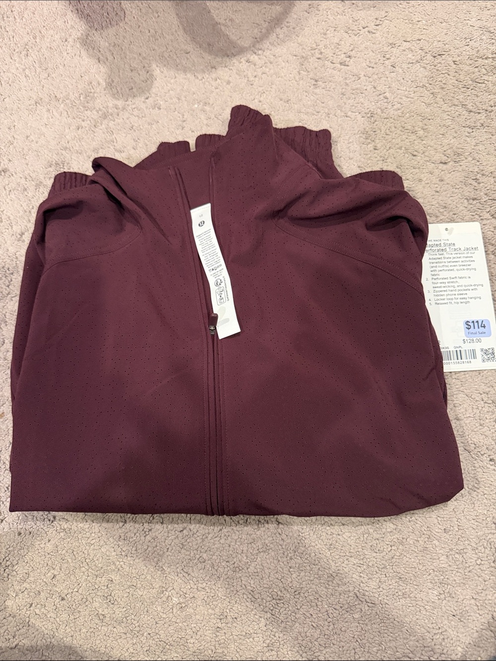 Brand New Lululemon Adapted State Perforated Burgundy Track Jacket & Size 12